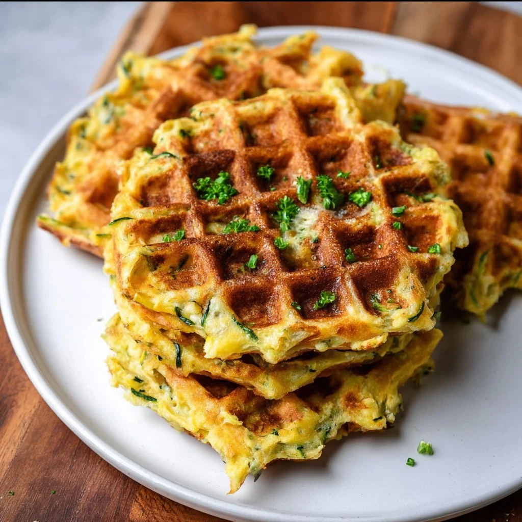 Savory zucchini waffles topped with fresh herbs and served on a plate.