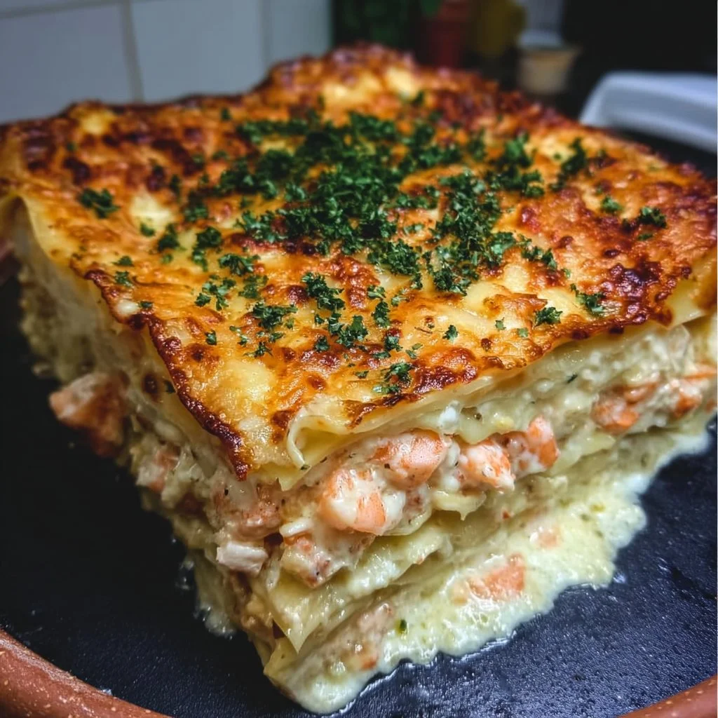 Delicious seafood lasagna with shrimp and crab layered in creamy sauce