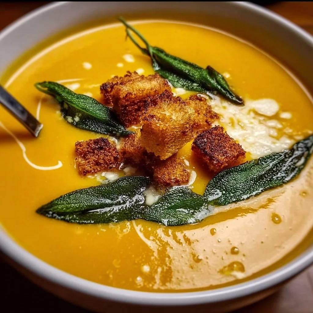 Silky butternut squash soup with crispy sage topping in a bowl