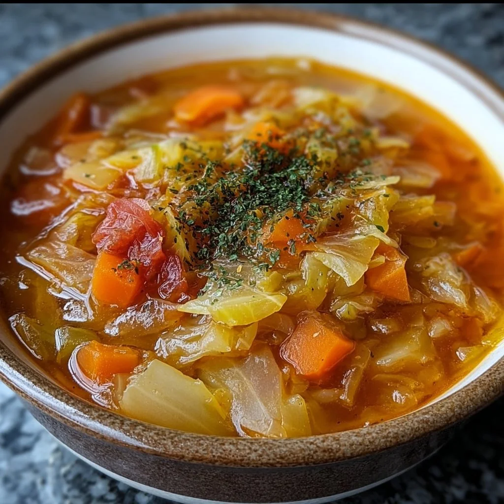 Bowl of simple cabbage soup with fresh vegetables