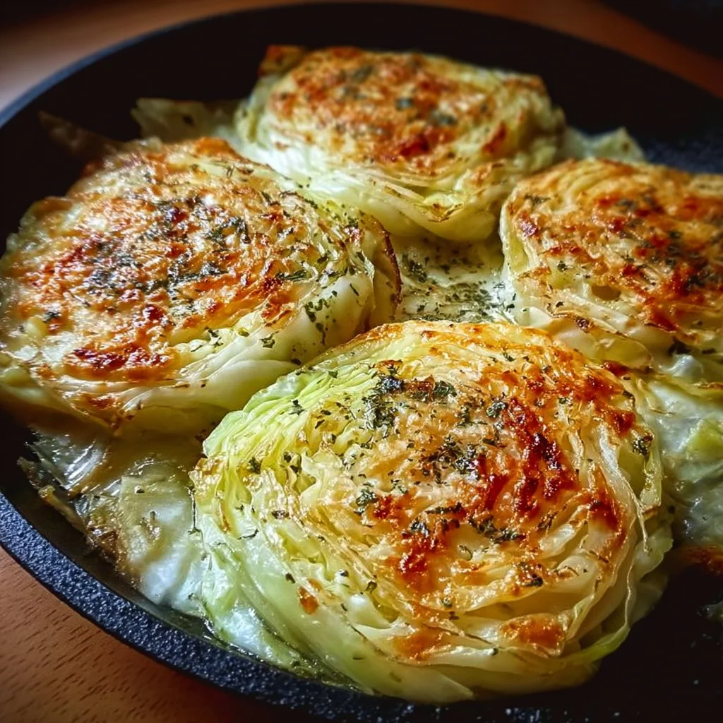 Sizzling baked cabbage steaks seasoned and ready to serve on a plate