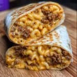 Sloppy Joe Mac & Cheese Wrap with melted cheese and ground beef in a tortilla