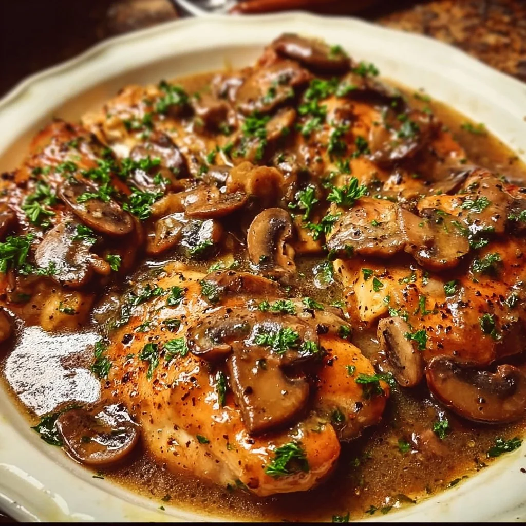 Plate of Slow Cooker Chicken Marsala garnished with herbs