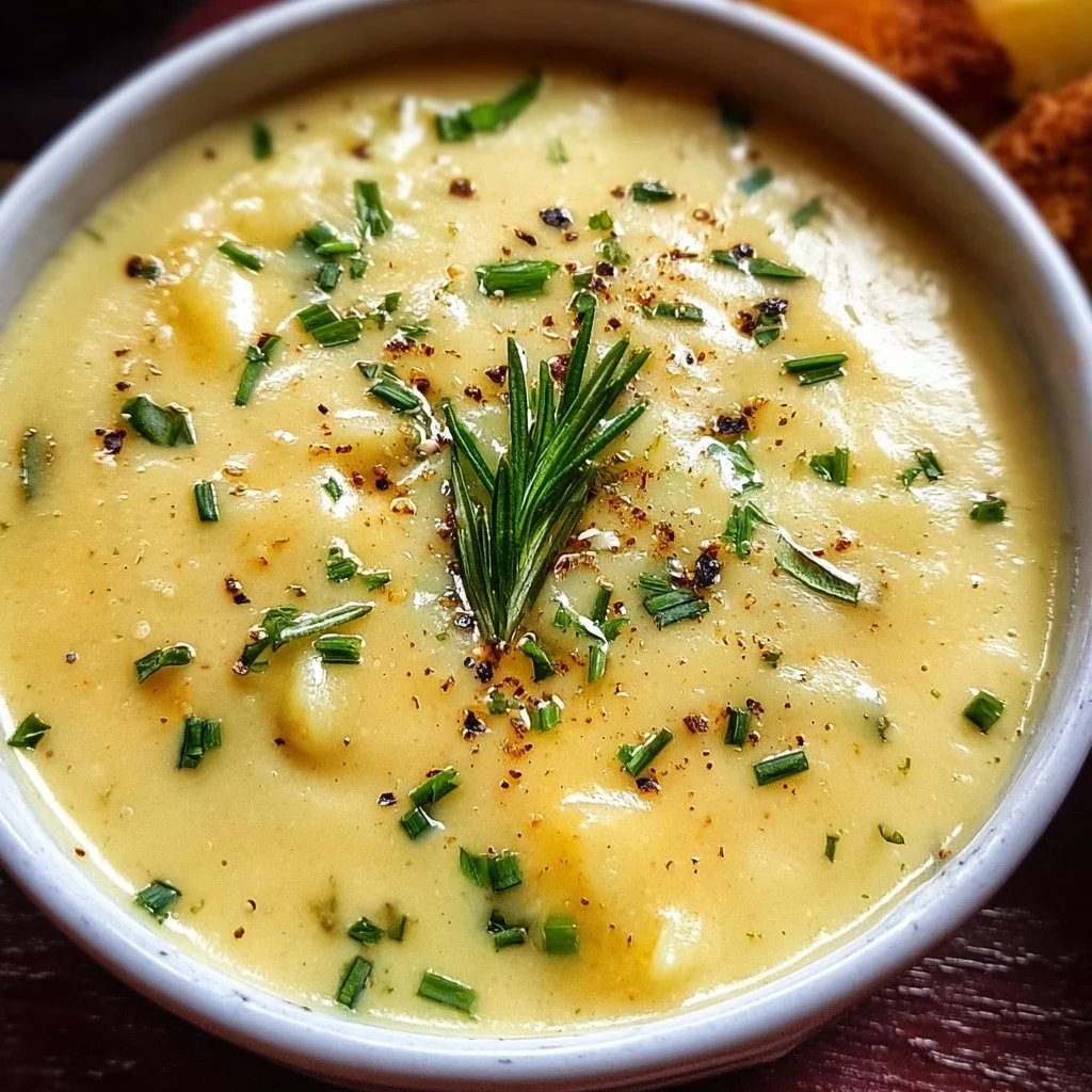 Creamy cheddar garlic herb potato soup in a bowl topped with parsley.
