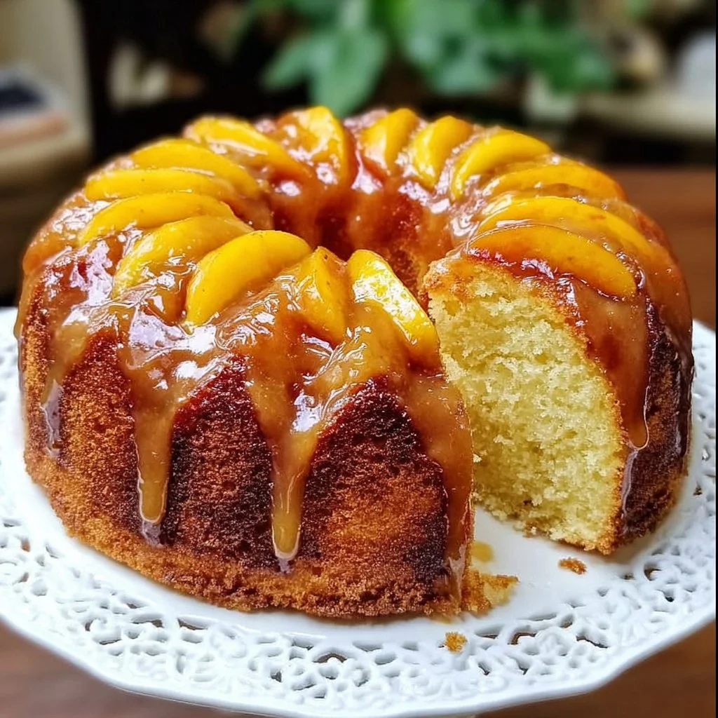 Slice of Southern Peach Buttermilk Pound Cake on a plate with fresh peaches