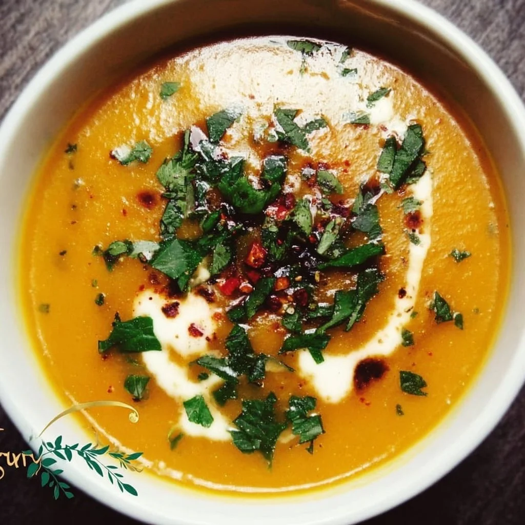 Bowl of spicy butternut squash sweet potato soup garnished with herbs