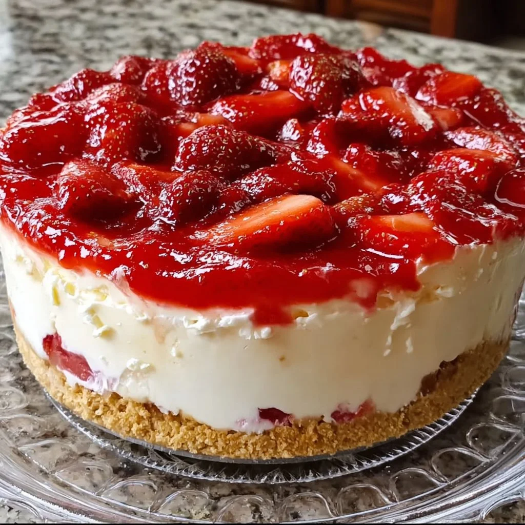 Delicious strawberry cheesecake dessert topped with fresh strawberries and whipped cream.