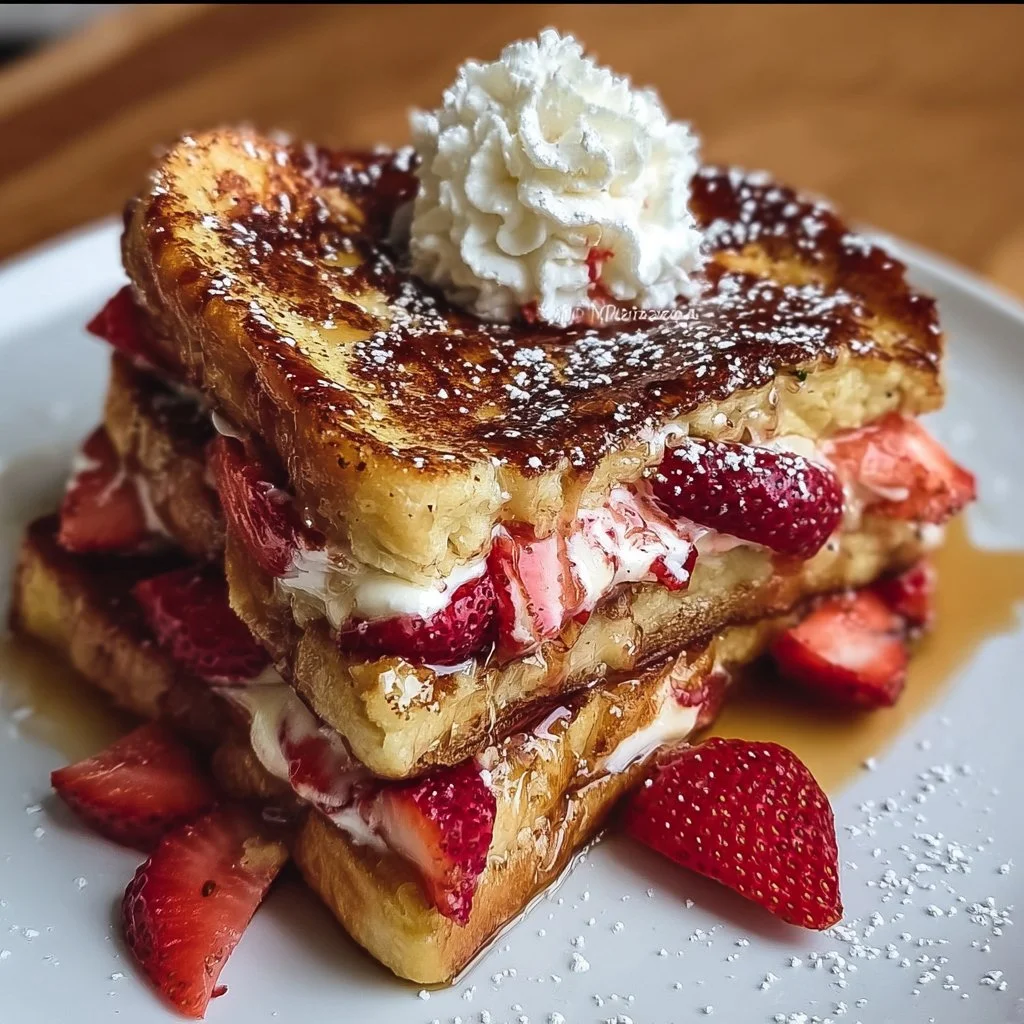 Strawberry cheesecake stuffed French toast topped with fresh strawberries and cream.