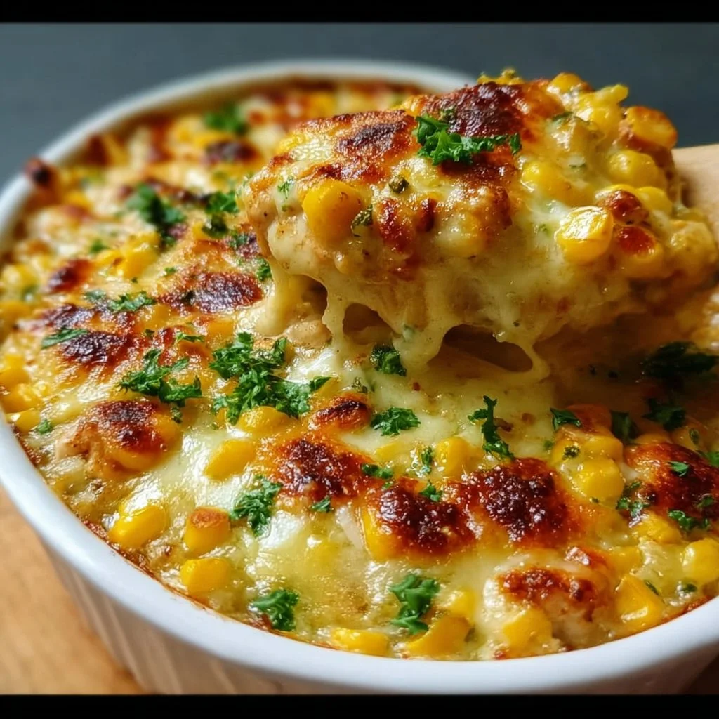 Delicious Street Corn Chicken Casserole topped with cheese and fresh herbs