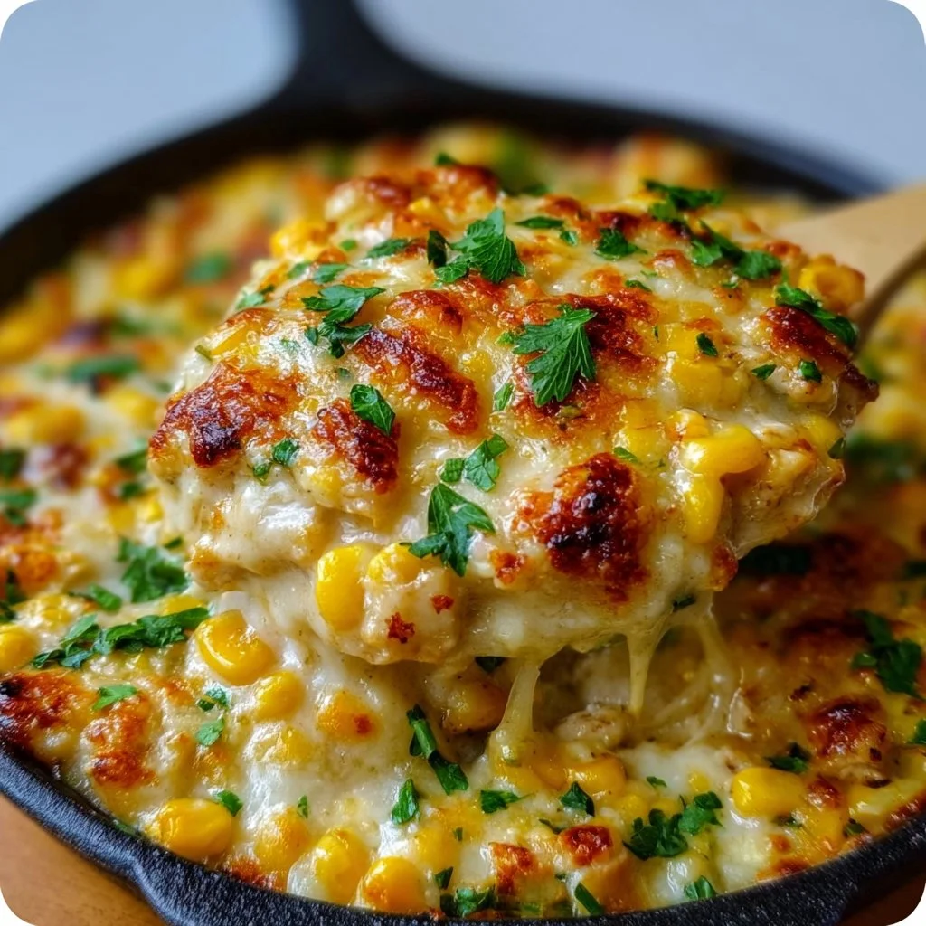 Delicious Street Corn Chicken Casserole topped with cheese and cilantro