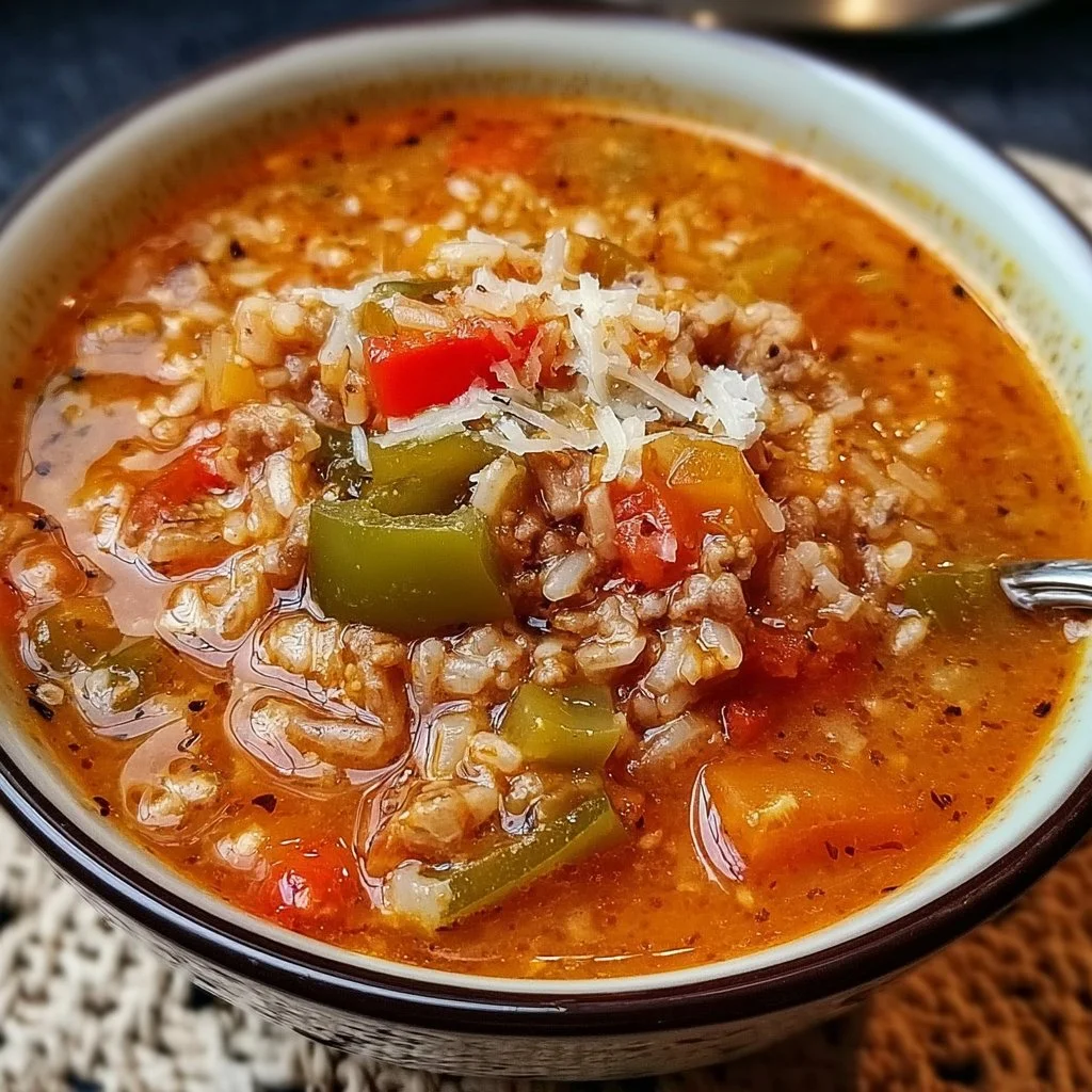 Bowl of stuffed bell pepper soup garnished with fresh herbs and vegetables.