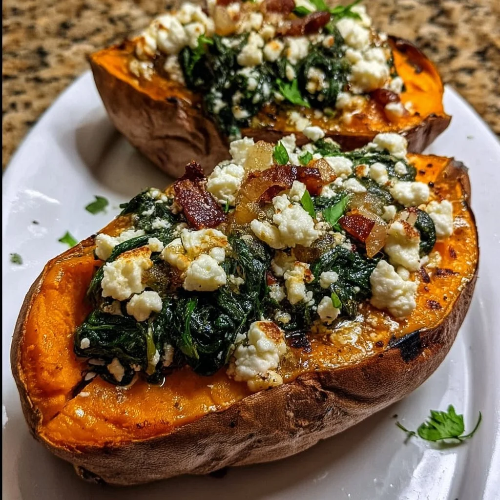 Stuffed sweet potatoes with spinach and feta on a plate