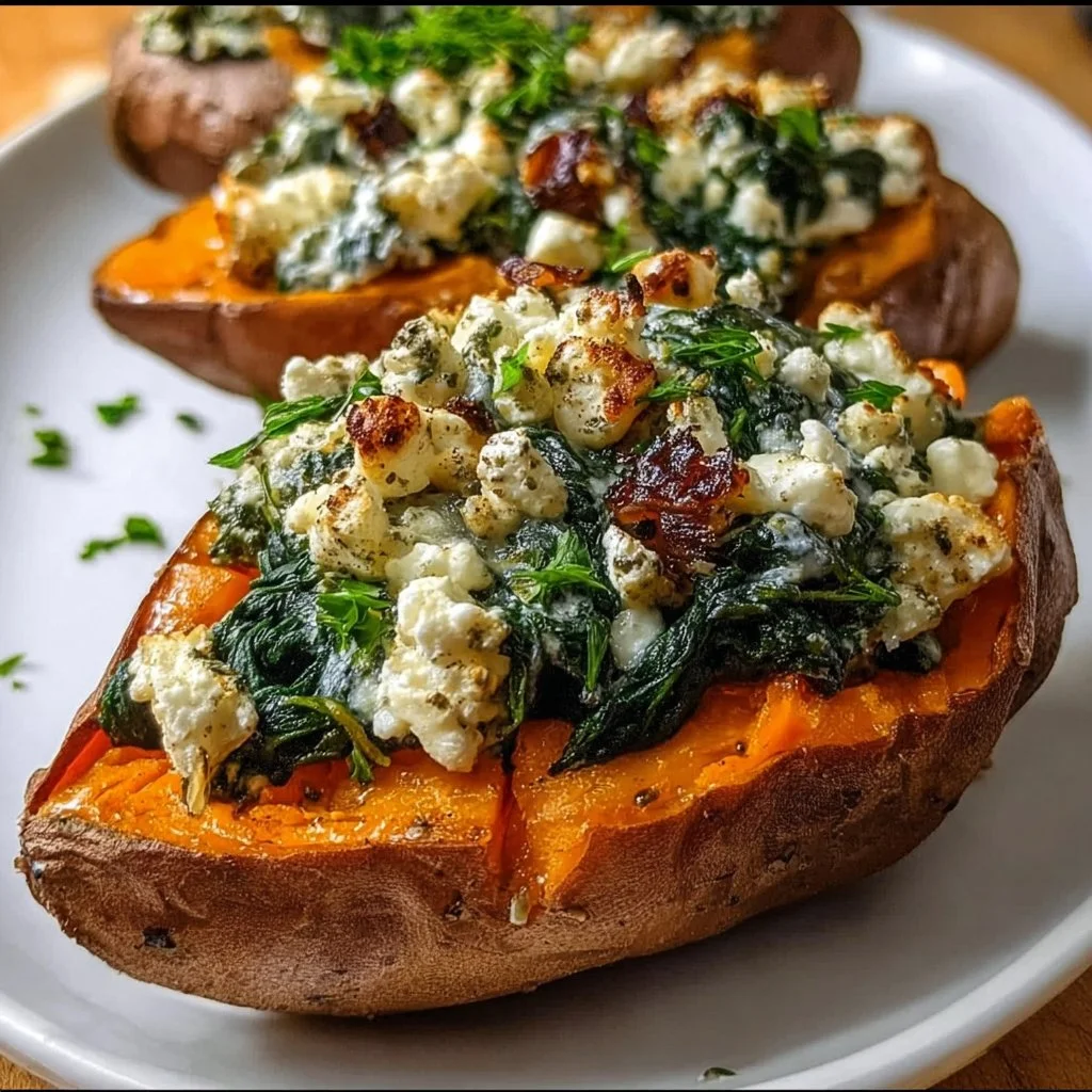 Stuffed sweet potatoes with spinach and feta on a plate