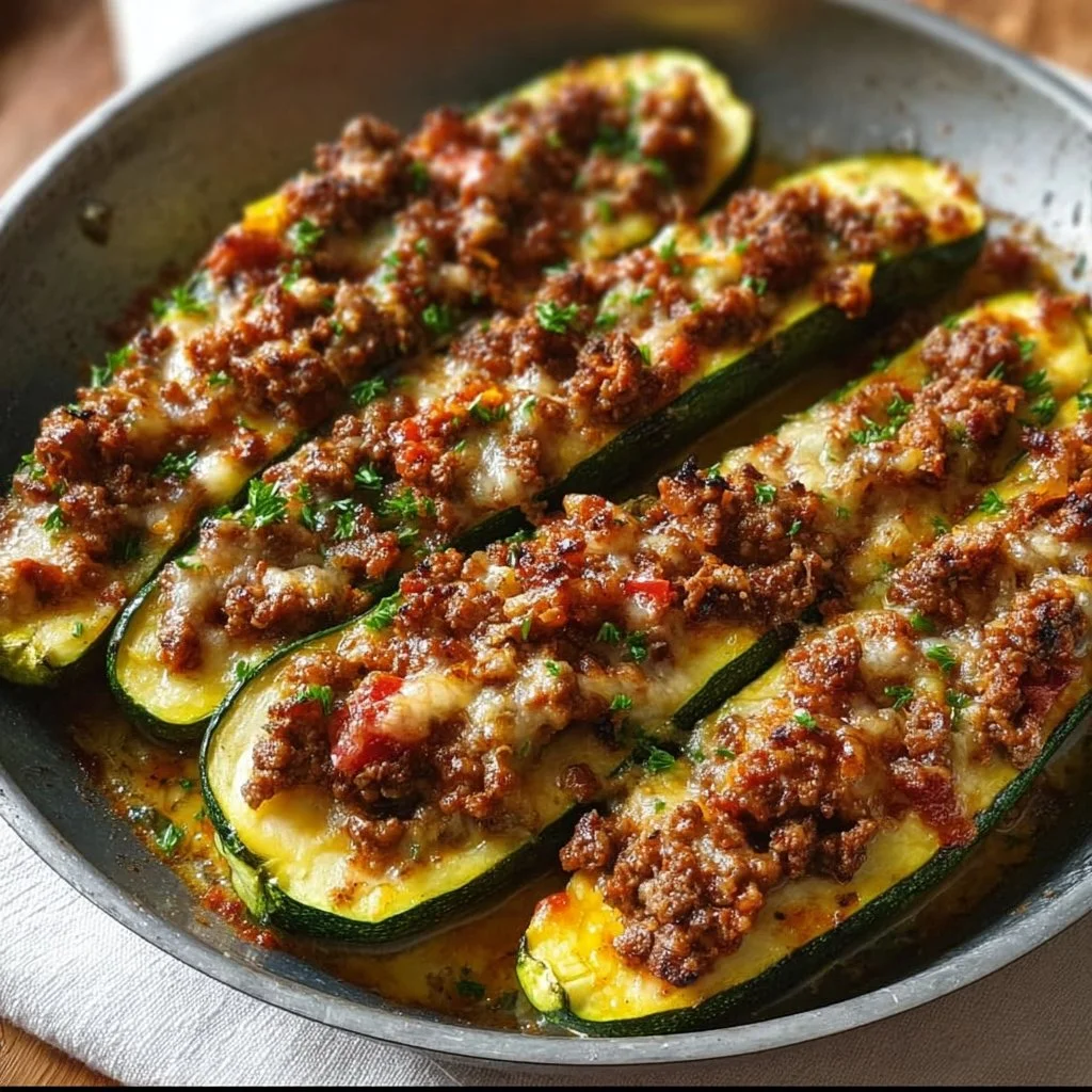 Delicious stuffed zucchini boats filled with savory ingredients for a healthy meal.