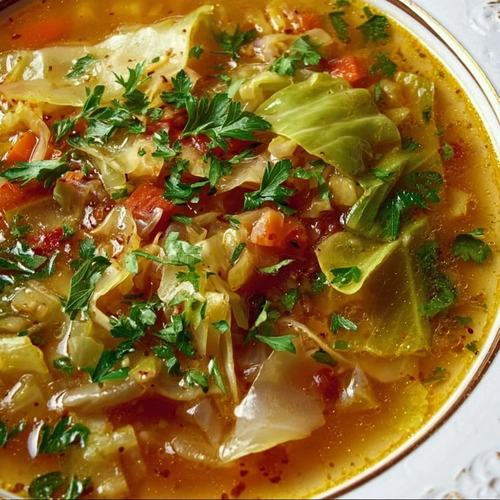 Bowl of summer cabbage soup with fresh vegetables and herbs