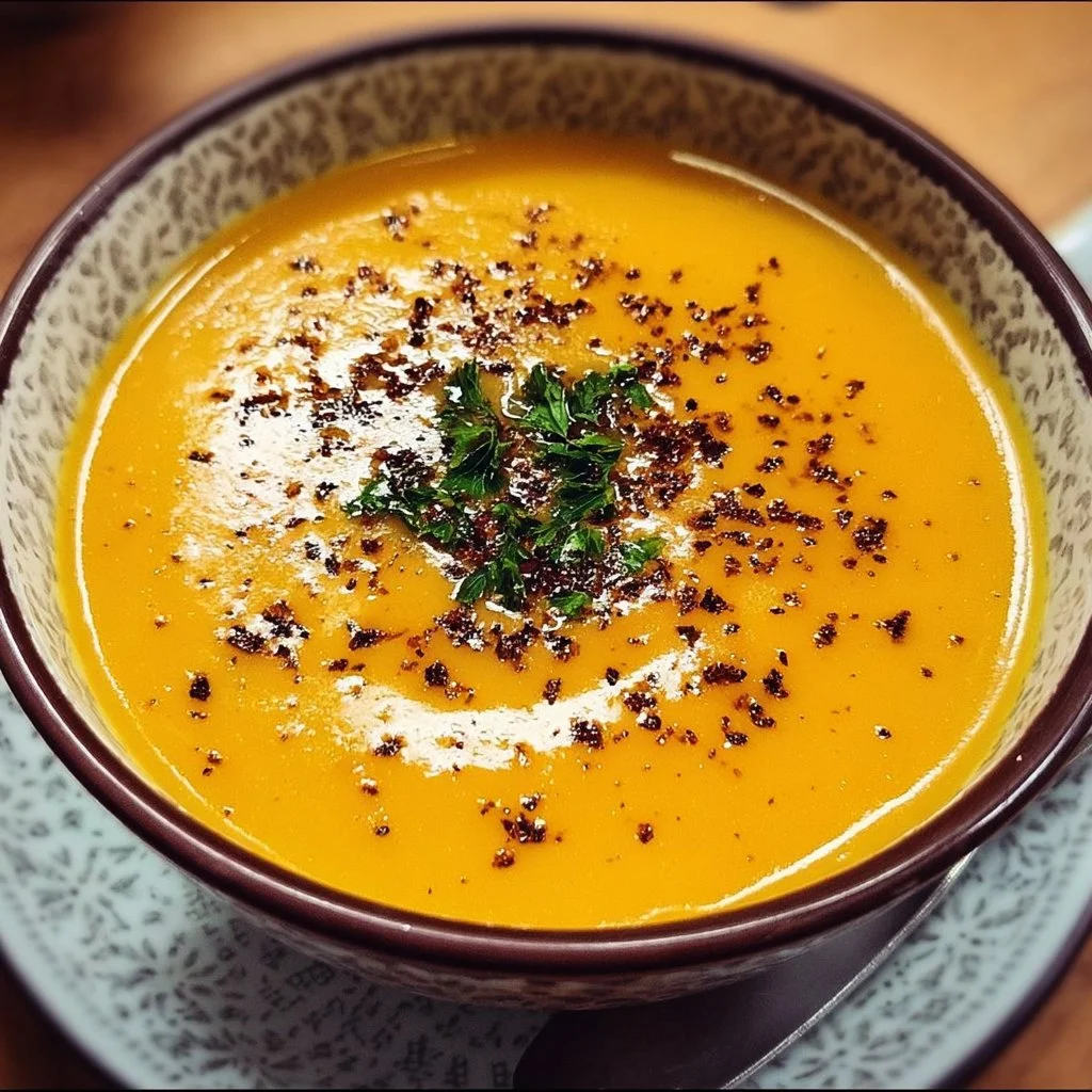 Bowl of sweet potato squash soup garnished with spices and herbs