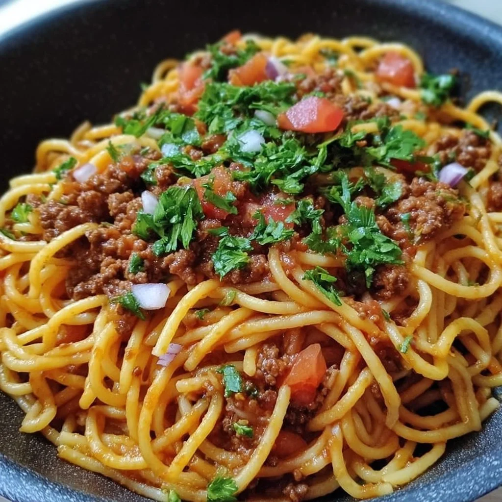 Plate of Taco Spaghetti garnished with cheese and cilantro