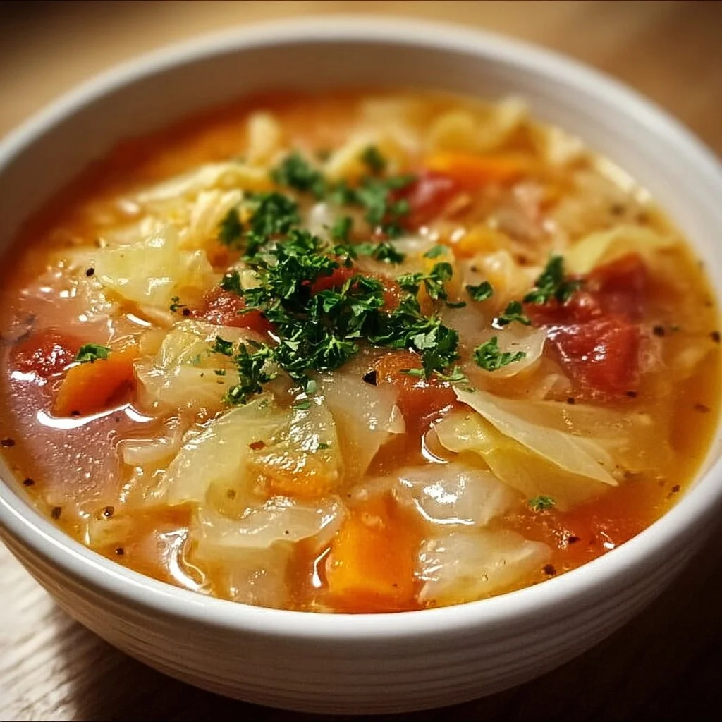 Bowl of tasty low-calorie cabbage soup with fresh vegetables