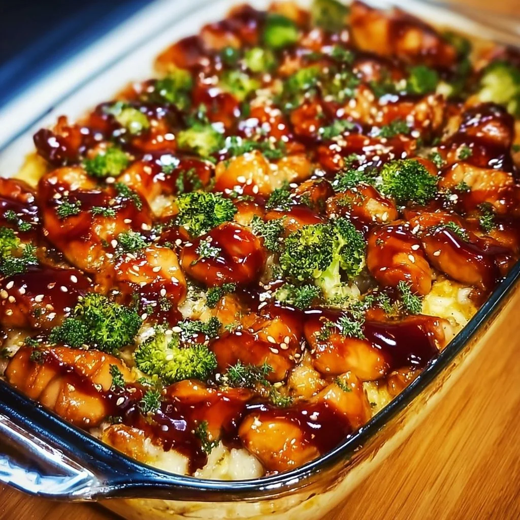 Delicious Teriyaki Chicken Casserole served in a baking dish