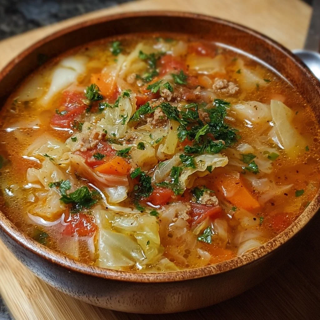 Bowl of delicious cabbage soup with fresh vegetables