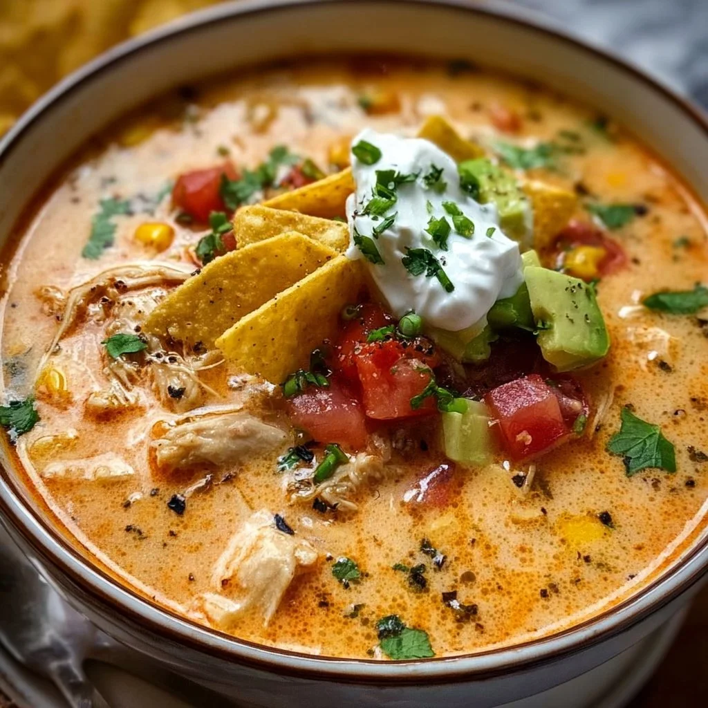 Delicious creamy chicken tortilla soup in a bowl topped with tortilla strips and cilantro.