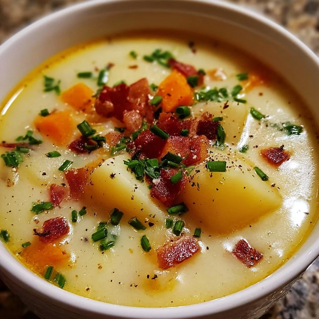 Bowl of homemade hot potato soup garnished with herbs