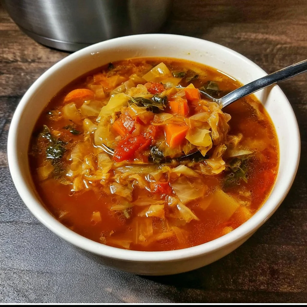 Bowl of original fat burning cabbage soup with fresh vegetables