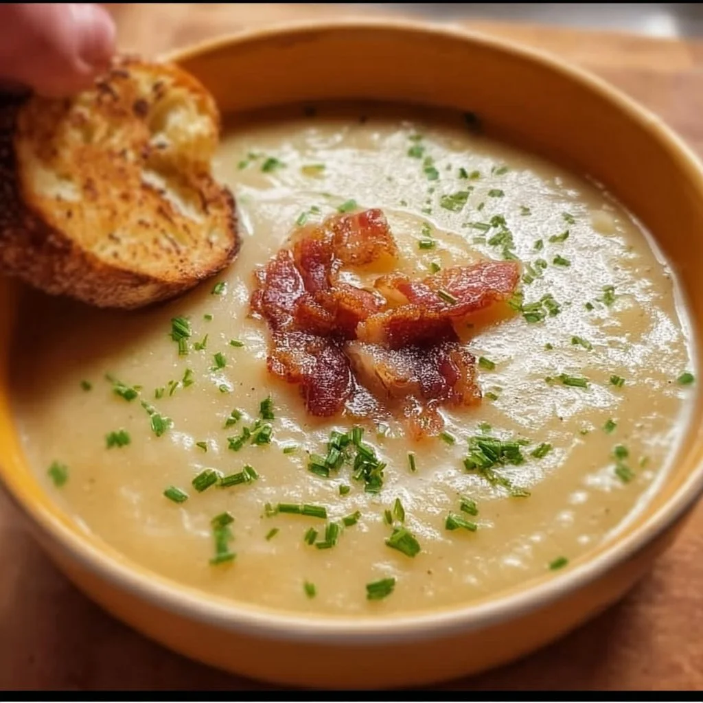 Bowl of ultimate creamy potato soup topped with herbs and served with bread