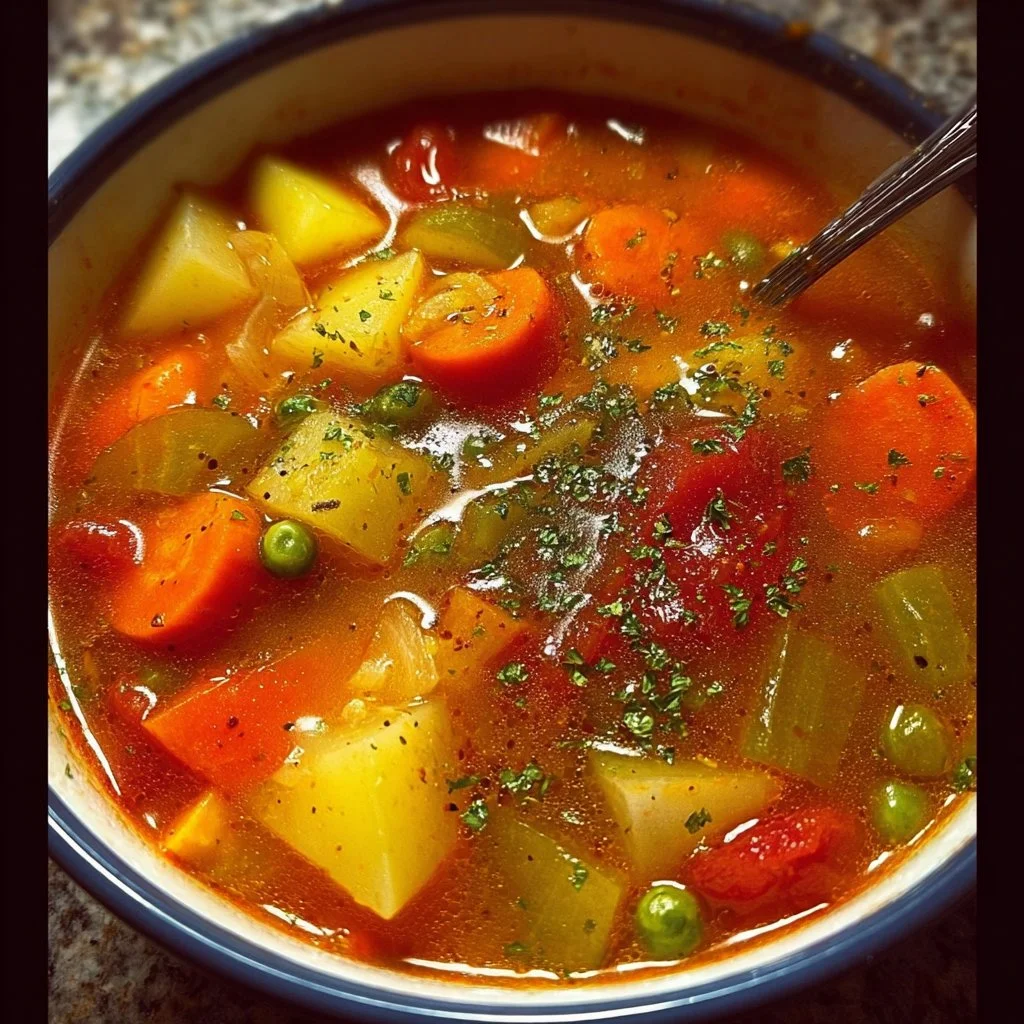 Bowl of colorful vegetable soup with fresh ingredients