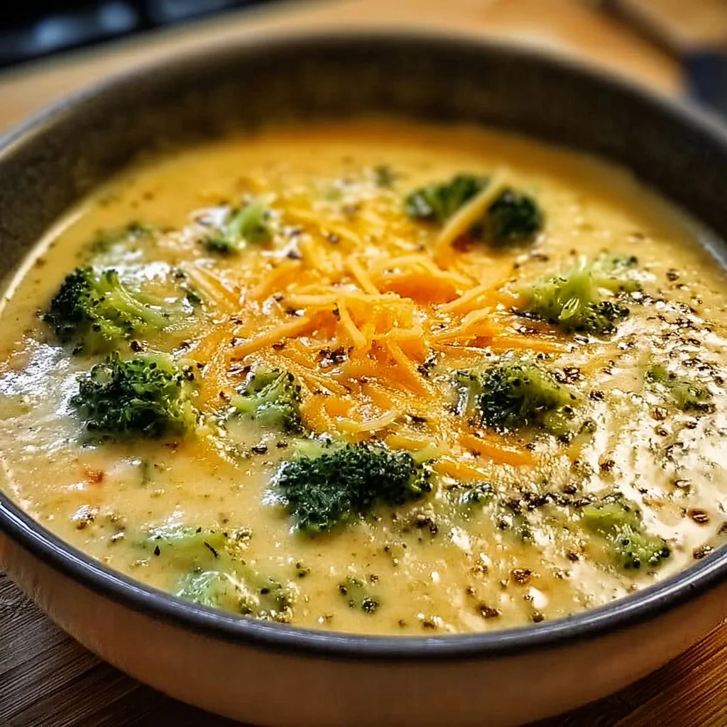 Creamy crock pot broccoli cheese soup in a bowl, garnished with herbs
