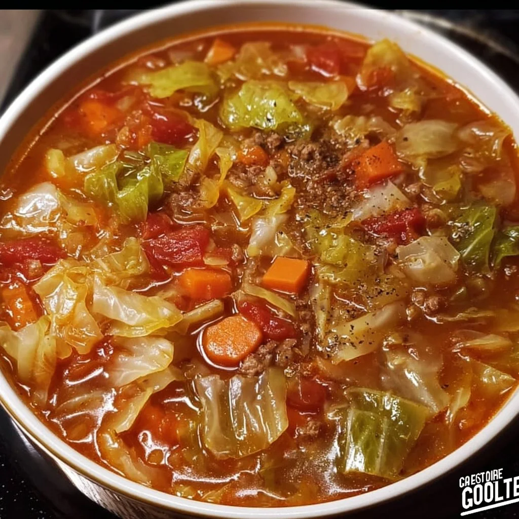 Bowl of healthy Weight Watchers cabbage soup with fresh vegetables.