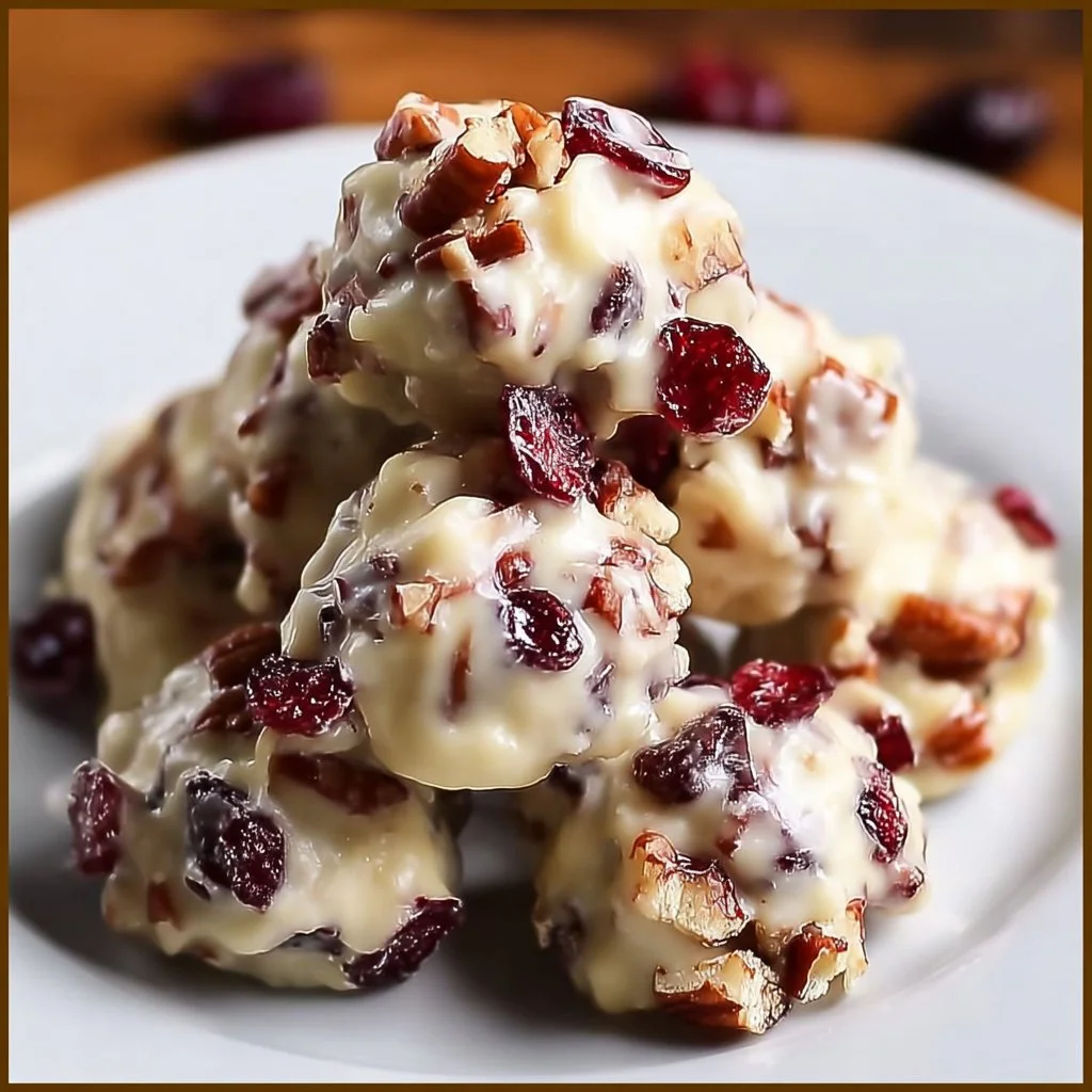 White chocolate cranberry pecan clusters on a decorative plate