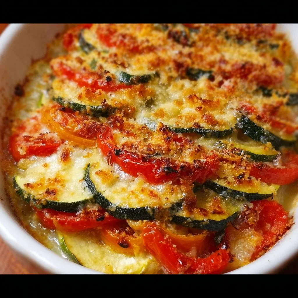 Zucchini and Tomato Bake fresh from the oven, a delicious healthy dish.