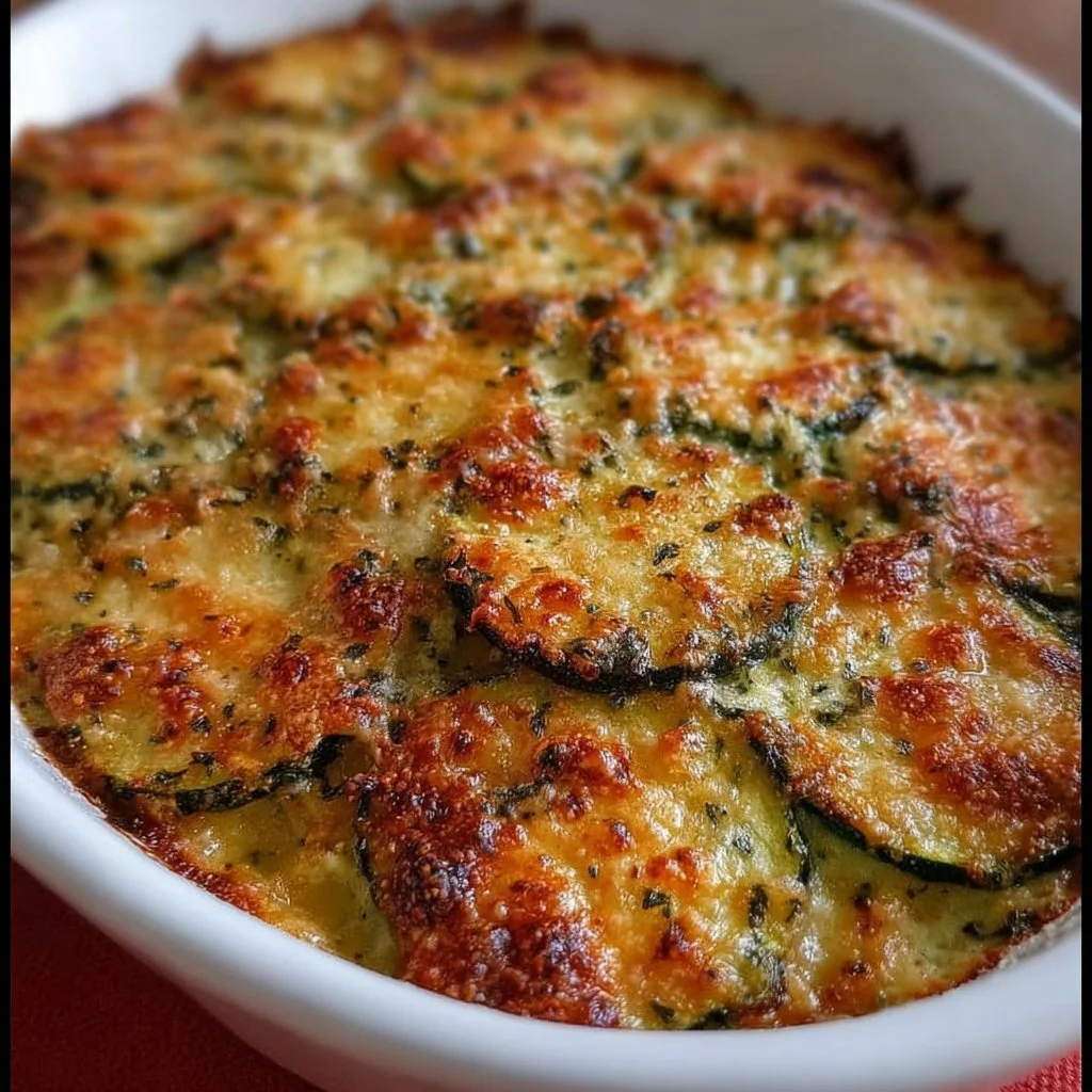 Delicious zucchini bake with cheese and herbs in a baking dish
