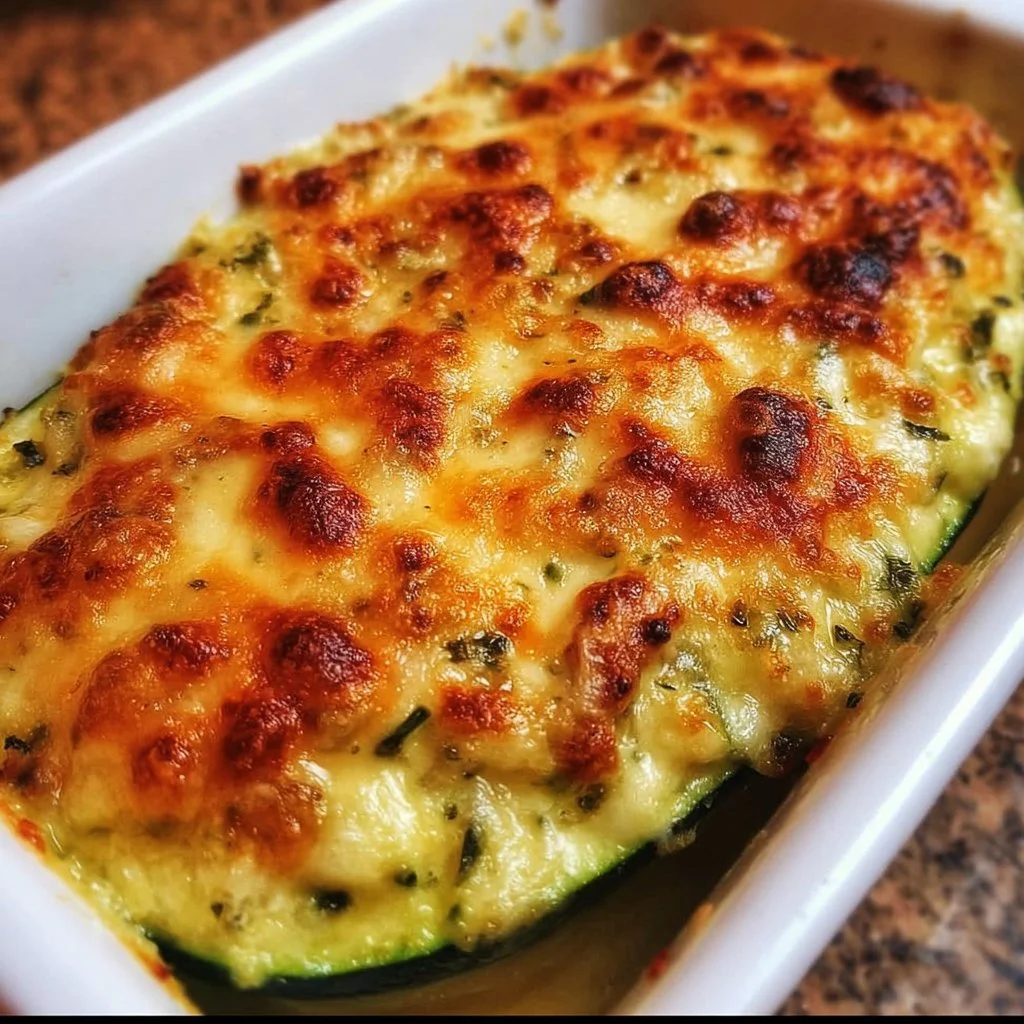 Delicious Zucchini Cheese Bake topped with melted cheese and fresh herbs