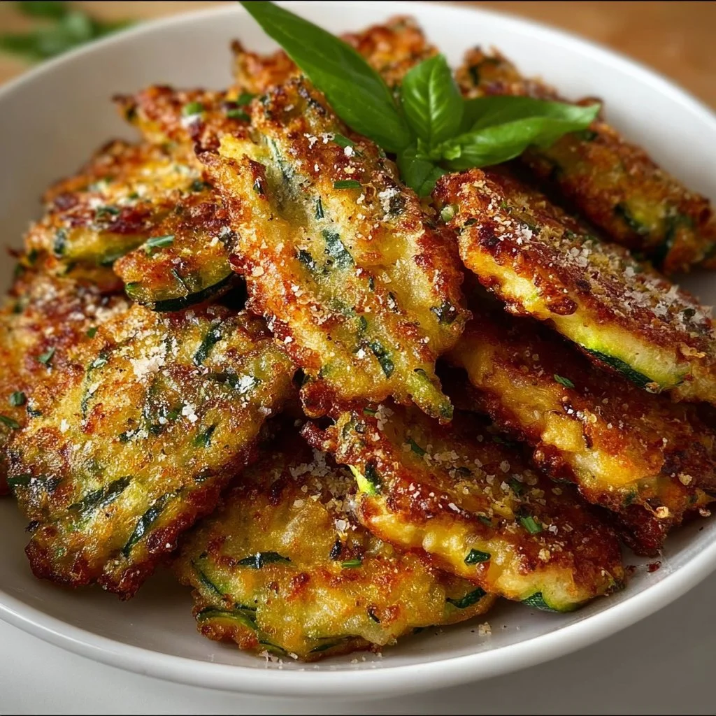 Crispy zucchini fritters served on a plate with dipping sauce