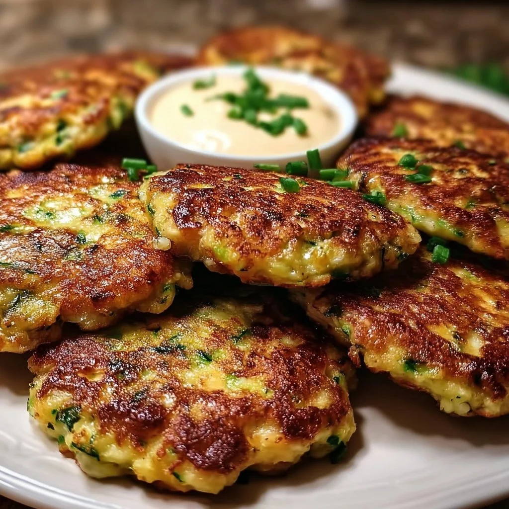 Crispy zucchini fritters served on a plate with dipping sauce
