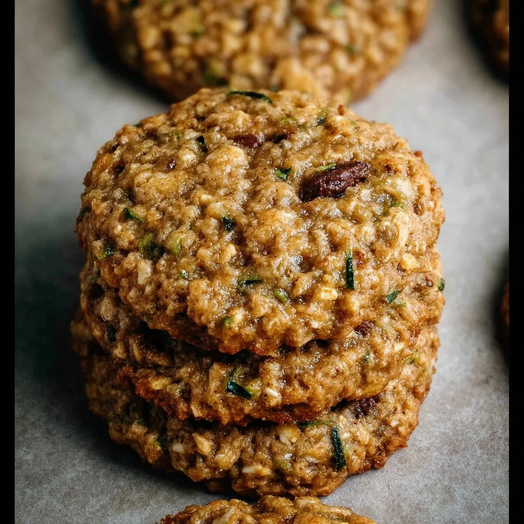 Freshly baked Zucchini Oatmeal Chocolate Chip Cookies on a cooling rack.