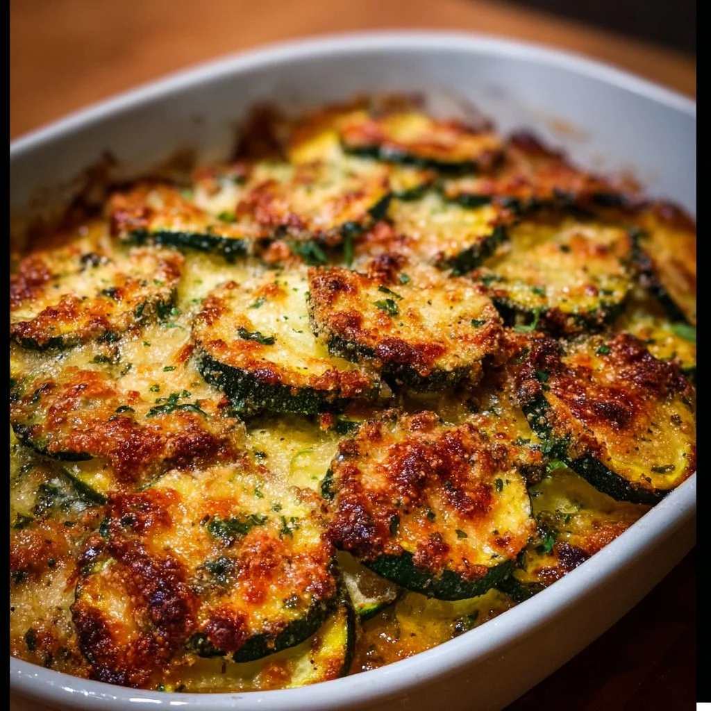 Zucchini Parmesan Bake fresh from the oven, topped with melted cheese and breadcrumbs.