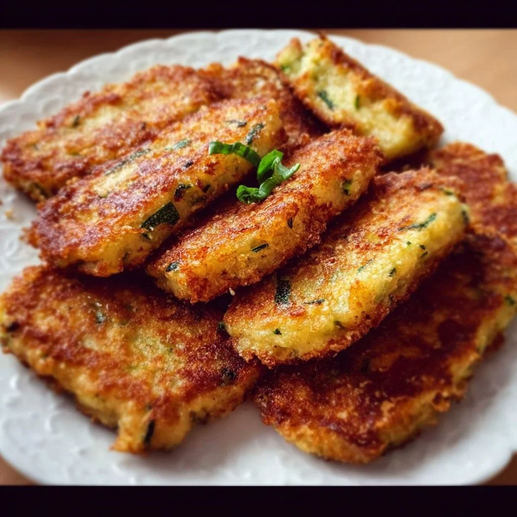 Crispy Zucchini Parmesan Fritters served on a plate with dipping sauce