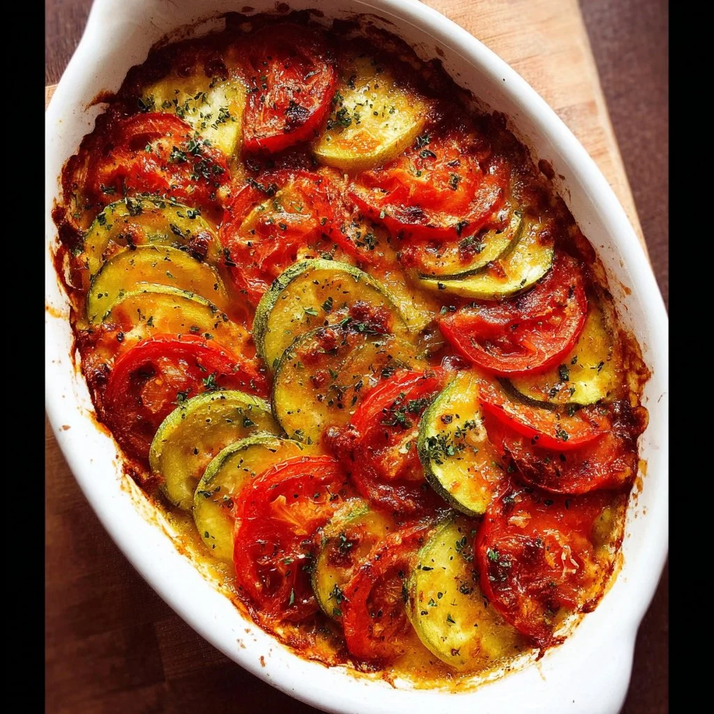 A delicious zucchini tomato gratin dish, highlighting fresh zucchini and tomatoes.