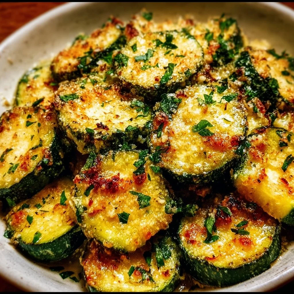 Zucchini with Garlic and Parmesan garnished with herbs on a plate