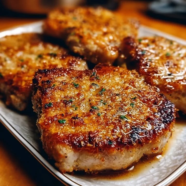 Parmesan-Crusted Baked Pork Chops served with herbs and sides