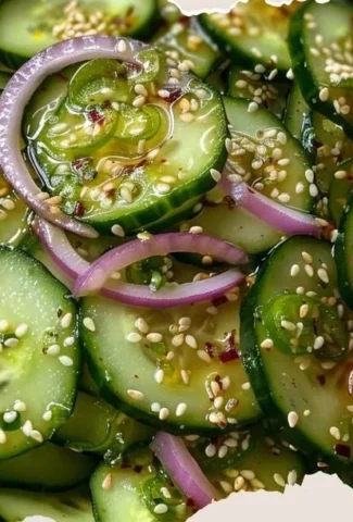 Delicious Asian cucumber salad with fresh vegetables and sesame dressing