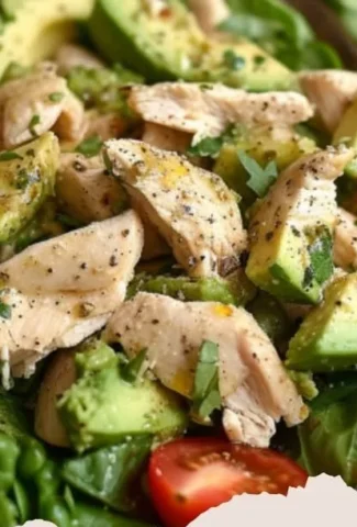 Bowl of fresh avocado chicken salad with vibrant vegetables