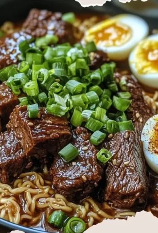 Delicious bowl of Beef Pares Ramen topped with fresh herbs and spices