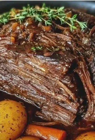 Delicious pot roast served in a crock pot, showcasing tender meat and vegetables.