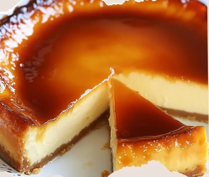 Delicious Cheesy Milk Flan Cheesecake topped with caramel glaze