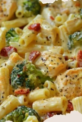 Plate of Chicken and Broccoli Pasta garnished with parmesan cheese and herbs.