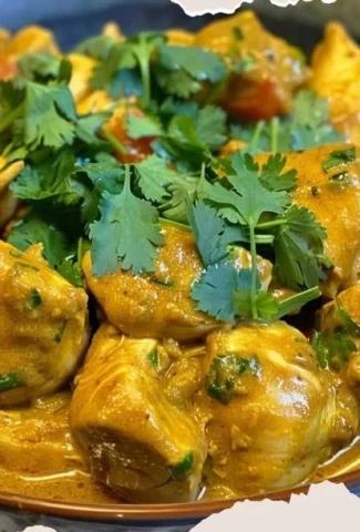 Delicious chicken curry made with coconut milk served in a bowl.